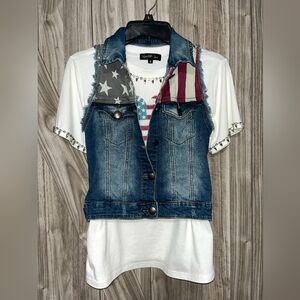 Twelfth Love white t-shirt with a heart-shaped American flag graphic and embelli